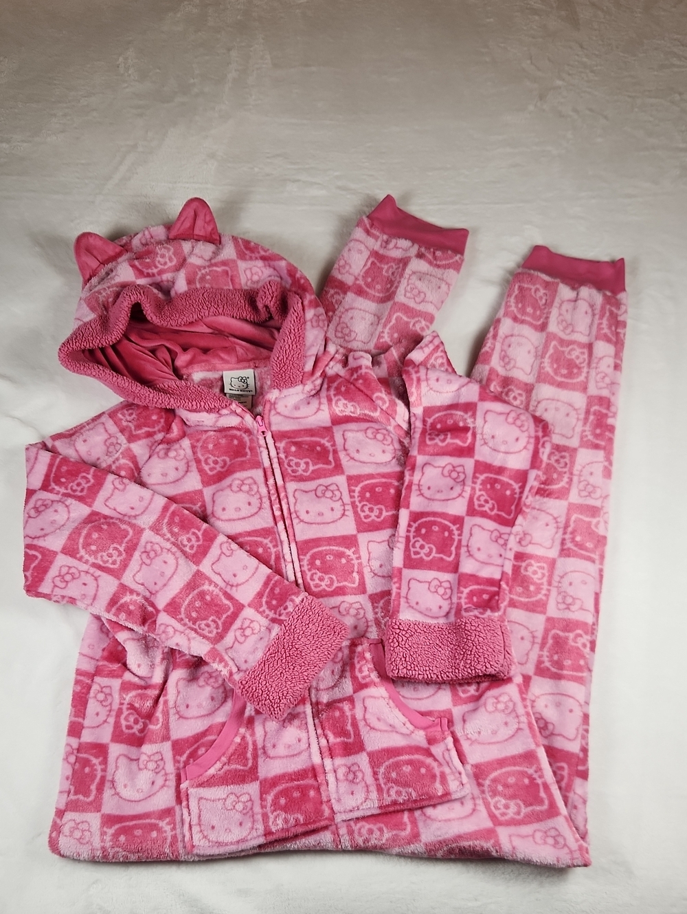 Hello Kitty Onesie Pink Plush Hooded Women's Onesie with Ears Size L